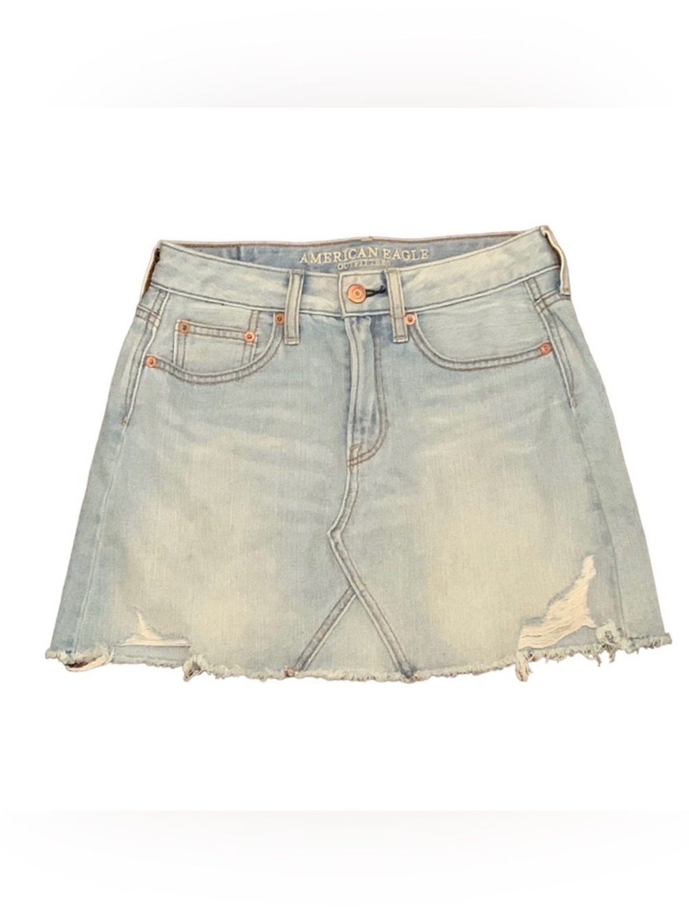 AMERICAN EAGLE OUTFITTERS WOMEN DENIM JEAN SKIRT DISTRESSED MINI LIGHT BLUE WASH